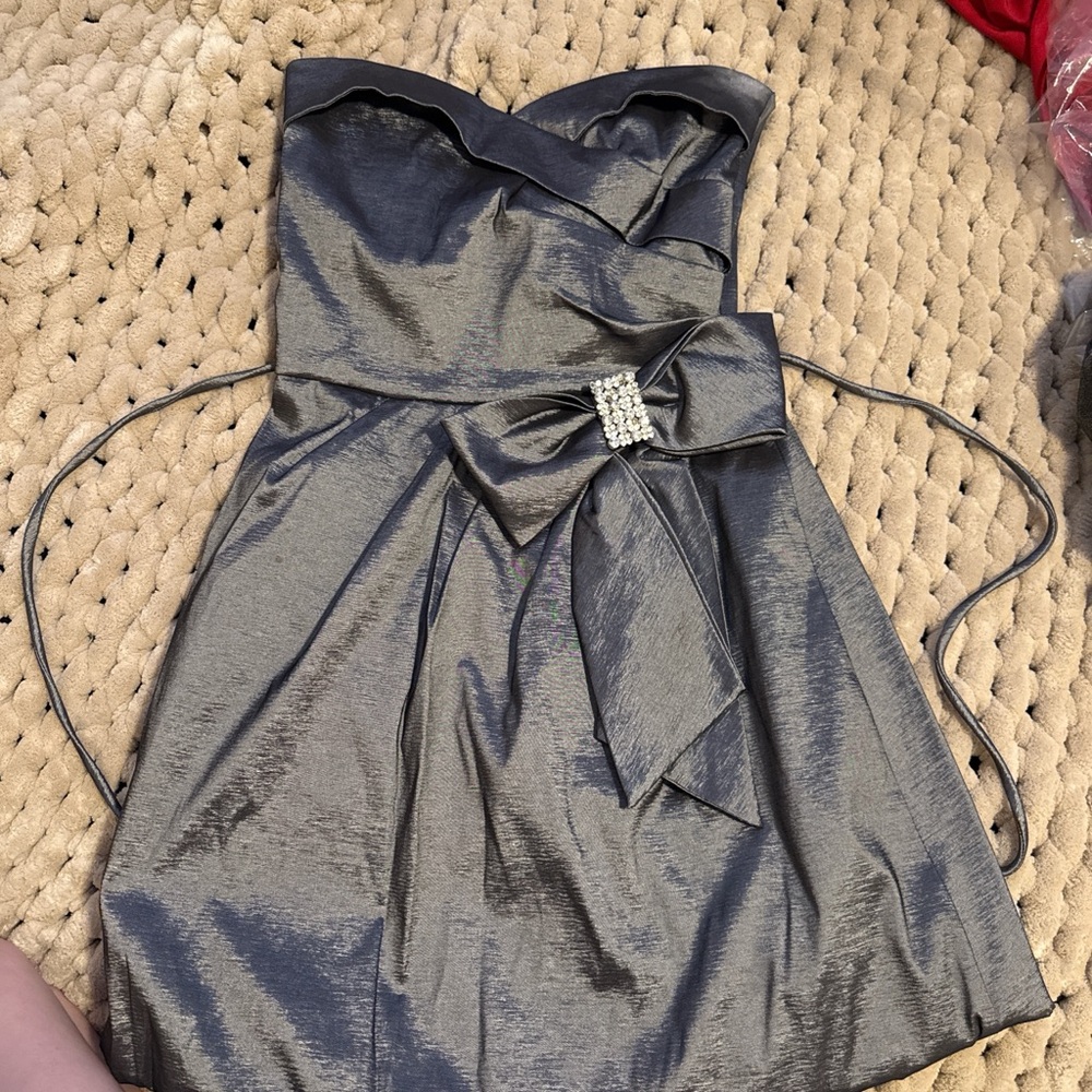 Teeze Me Metallic Gunmetal Gray Strapless Party Dress with Bow
